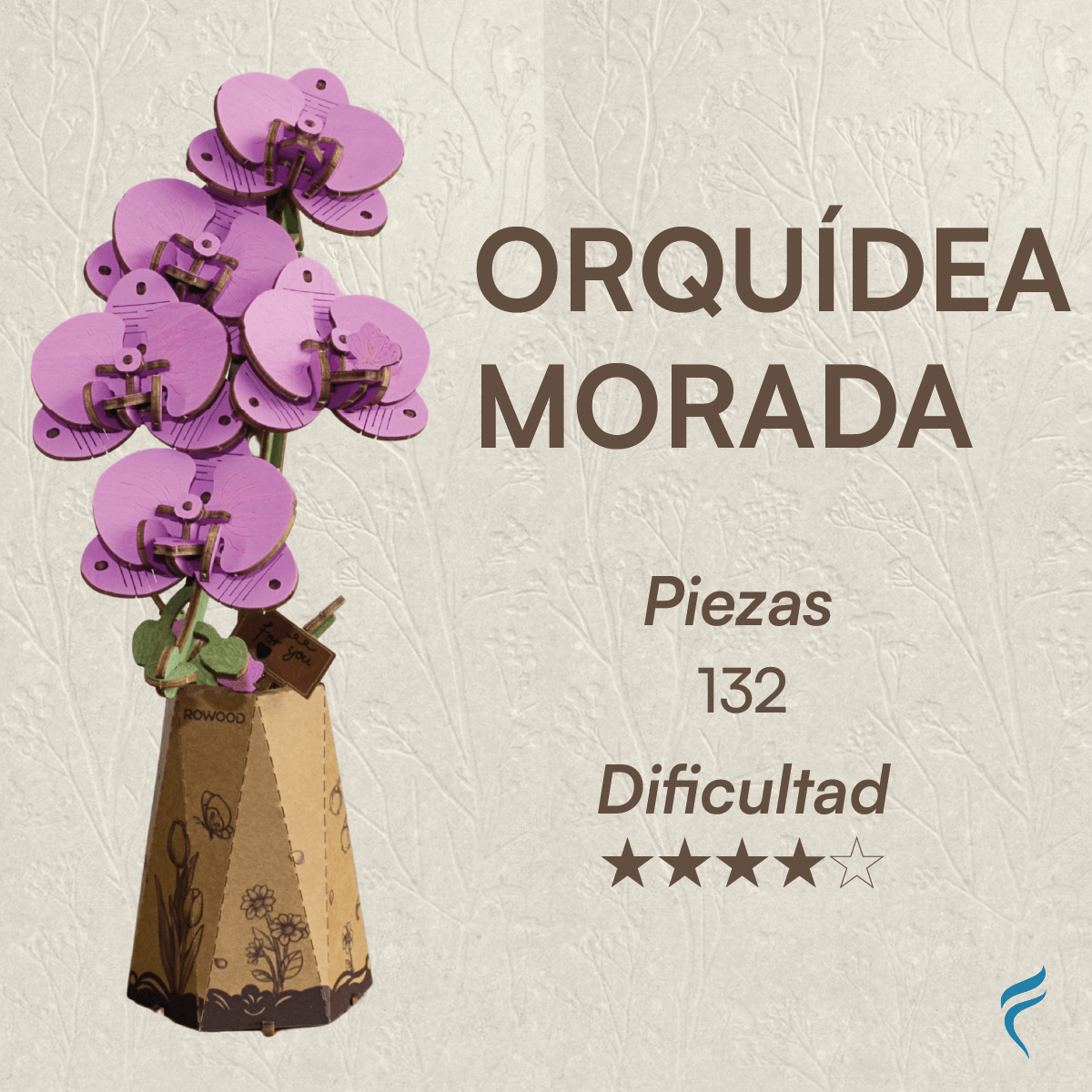 Una hermosa flor armable tipo Rompecabezas 3D, Diseño: Orquídea Morada