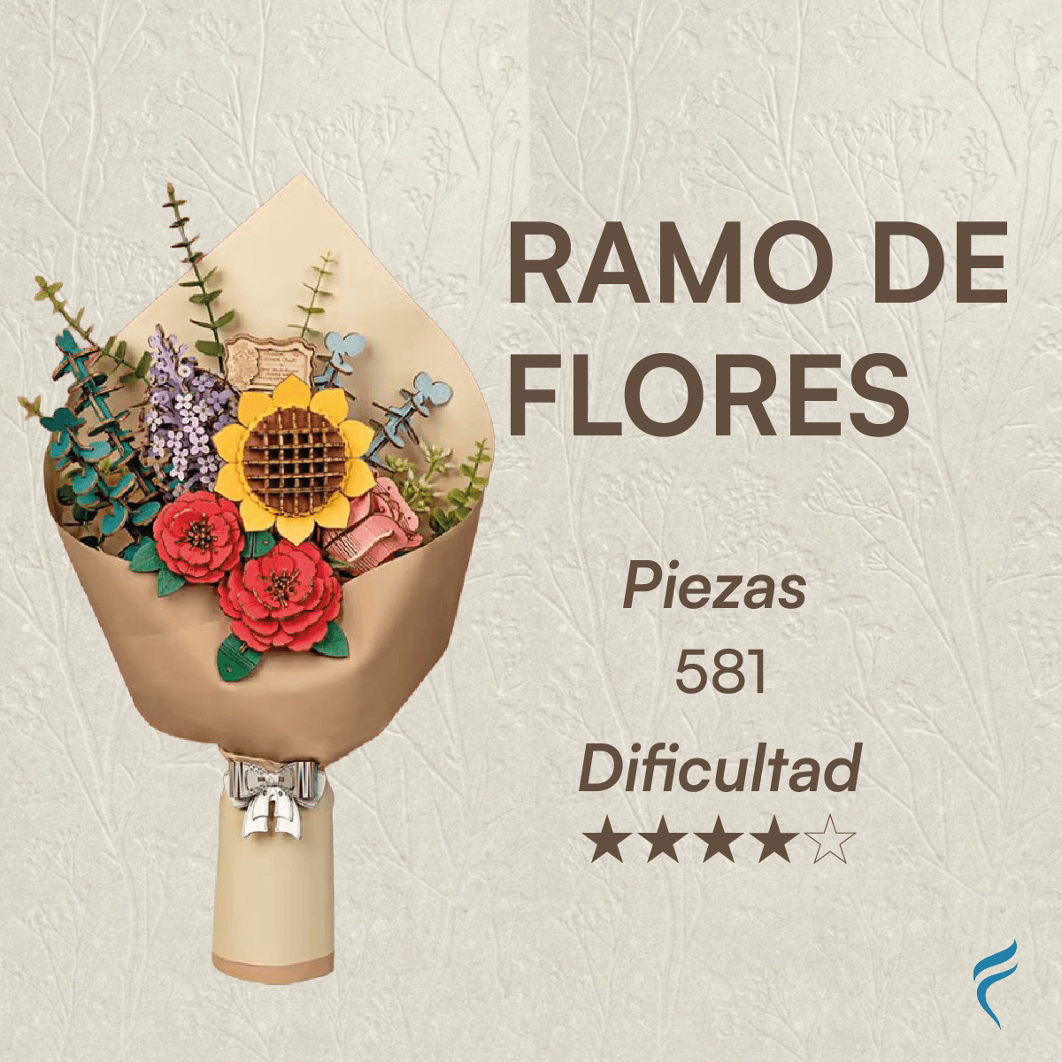 Un hermoso ramo armable tipo Rompecabezas 3D, incluye 4 Diseños: Girasol - Rosa Rosada - Lila y Camelias Rojas