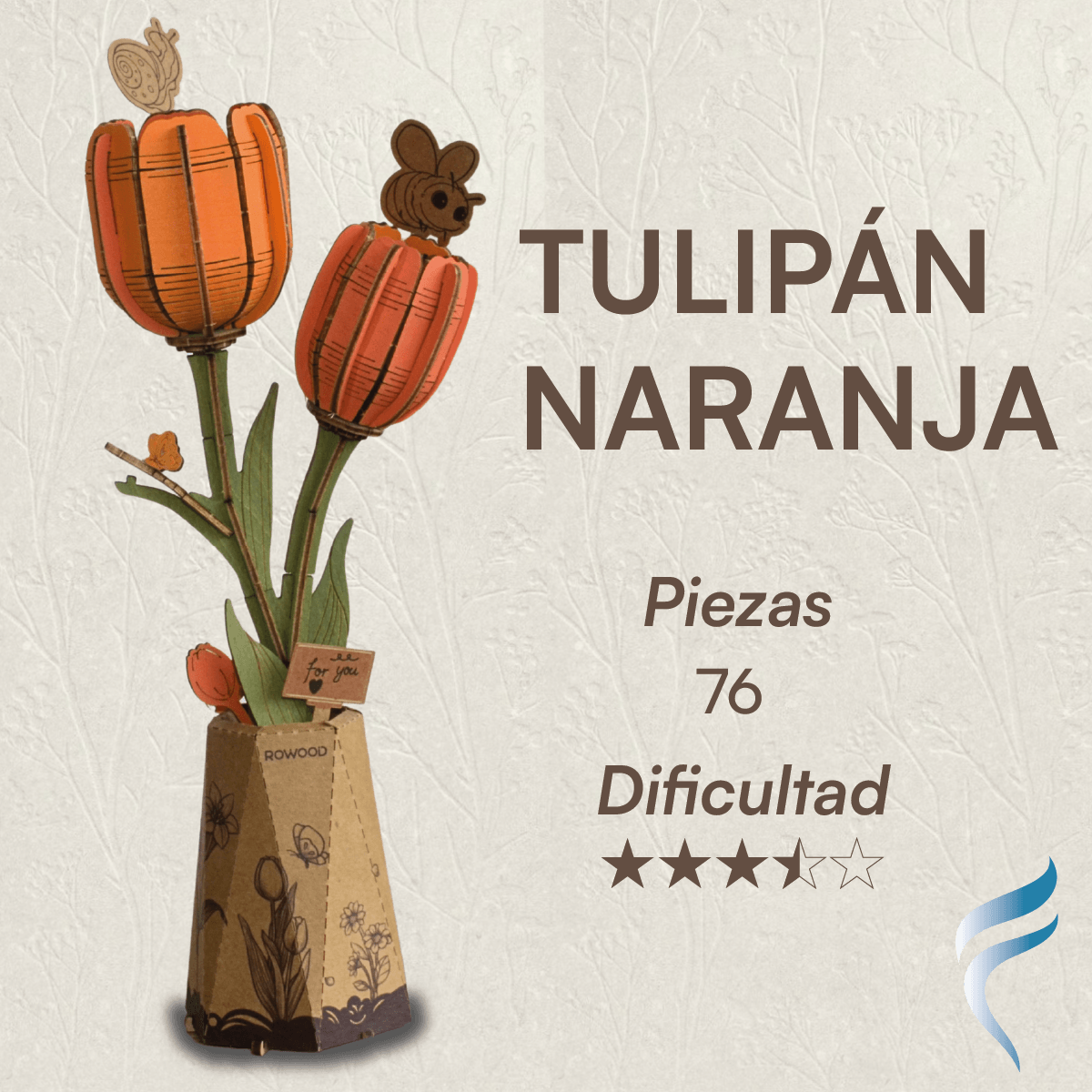 Una hermosa flor armable tipo Rompecabezas 3D, Diseño: Tulipán Naranja