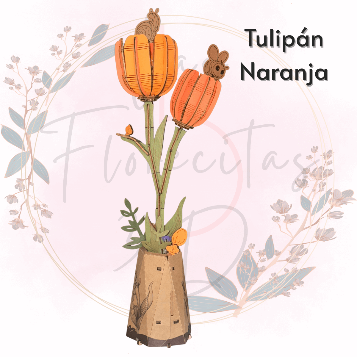 Una hermosa flor armable tipo Rompecabezas 3D, Diseño: Tulipán Naranja