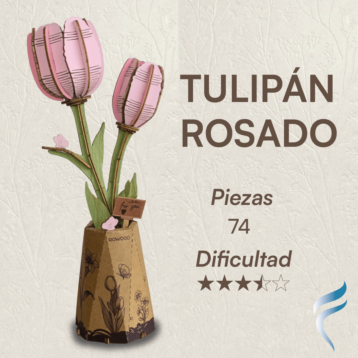 Una hermosa flor armable tipo Rompecabezas 3D, Diseño: Tulipán Rosado