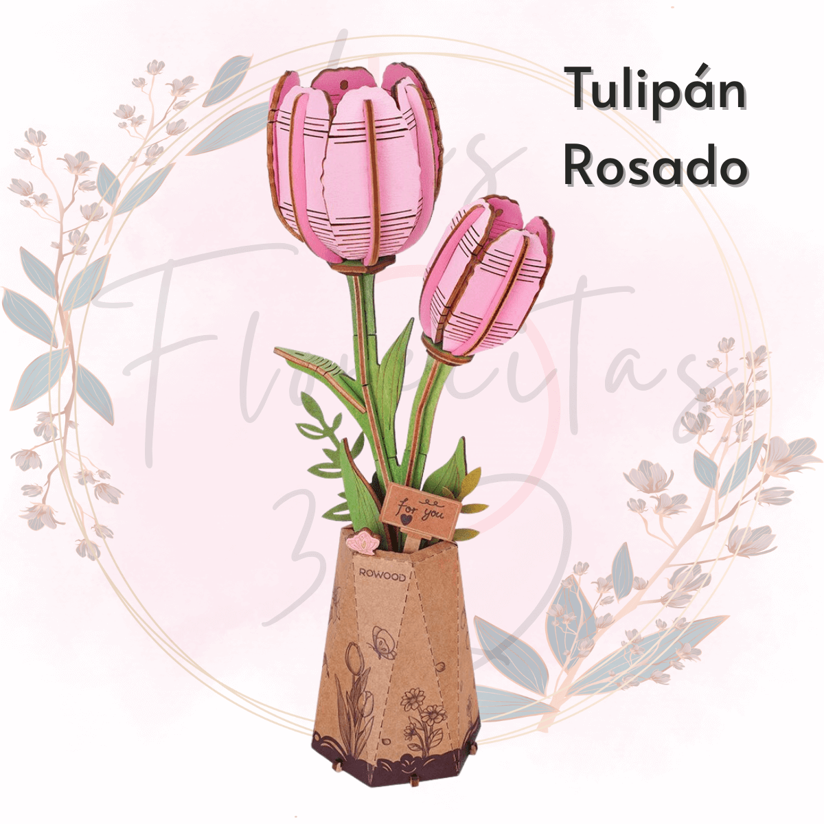 Una hermosa flor armable tipo Rompecabezas 3D, Diseño: Tulipán Rosado